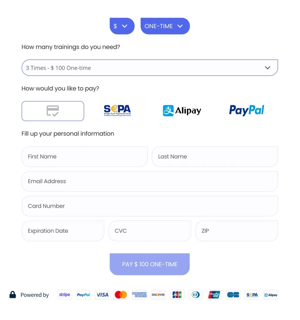 Published blue Payment Page form