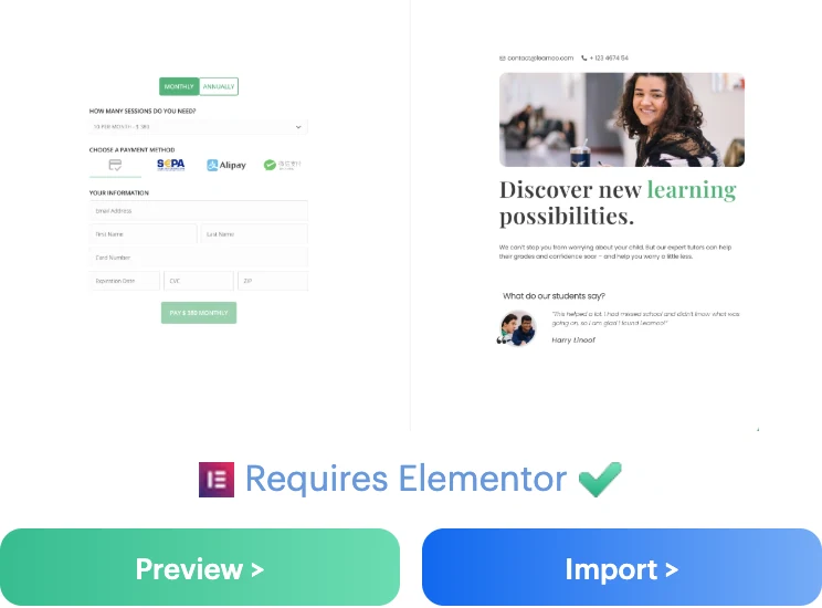 Online Tutor Elementor Page Template for Payment Page