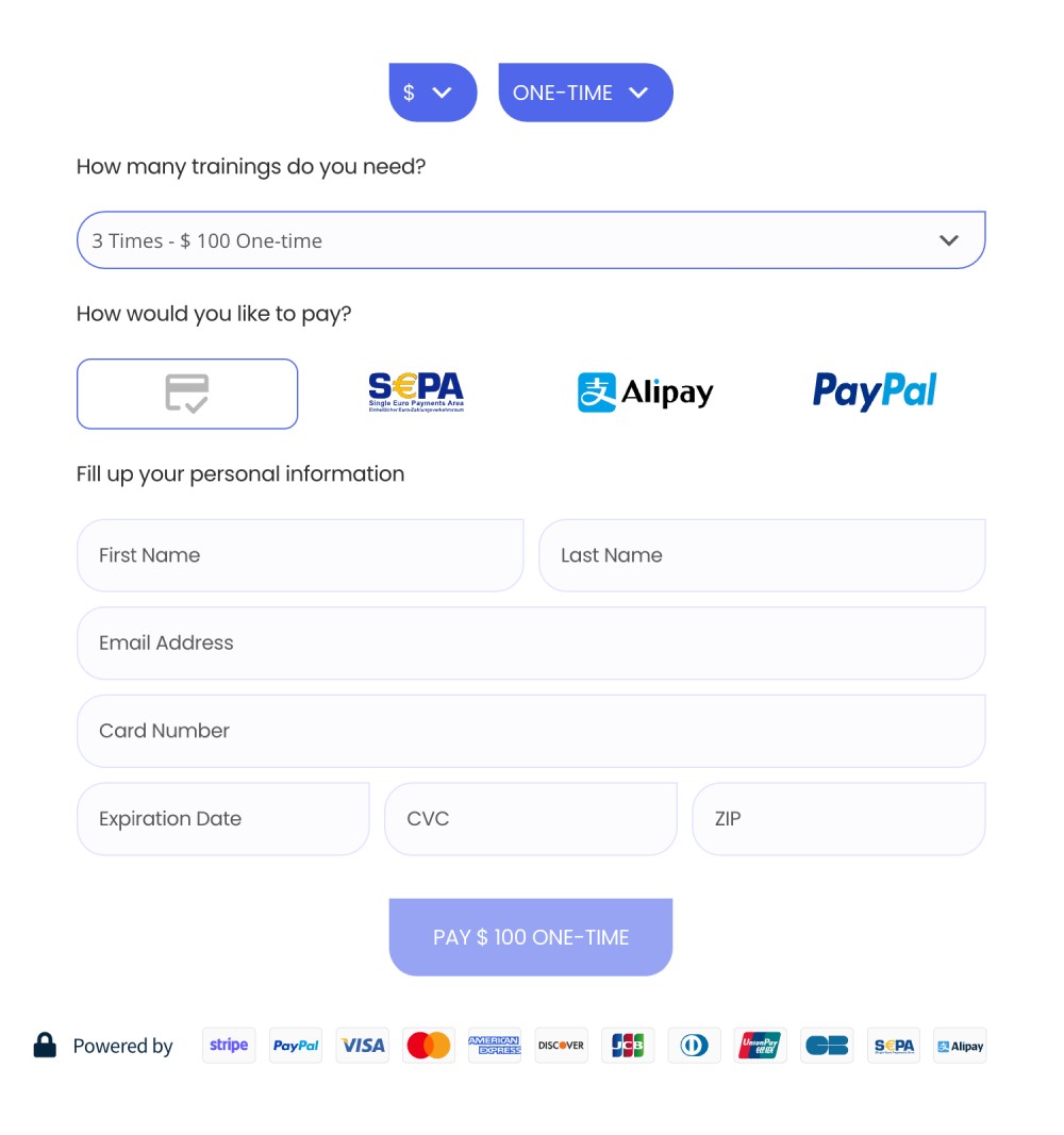 Payment Page form with pricing choices, payment methods, and customer fields